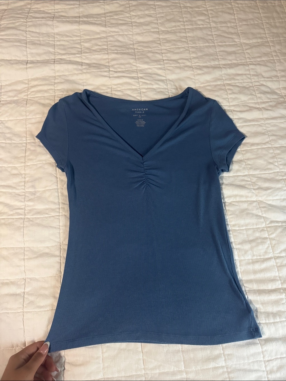 American Eagle Outfitters Slate Blue Ribbed V-Neck Ruched Short Sleeve Top